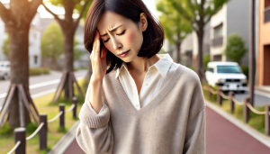 DALL·E-2025-02-12-12.53.16-A-Japanese-woman-in-her-40s-experiencing-a-headache-while-taking-a-walk